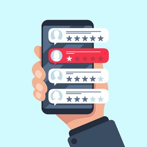 Rating review bubble. Reviewers texting on cellphone app, choice bad or good 5 star ratings. Flat vector illustration